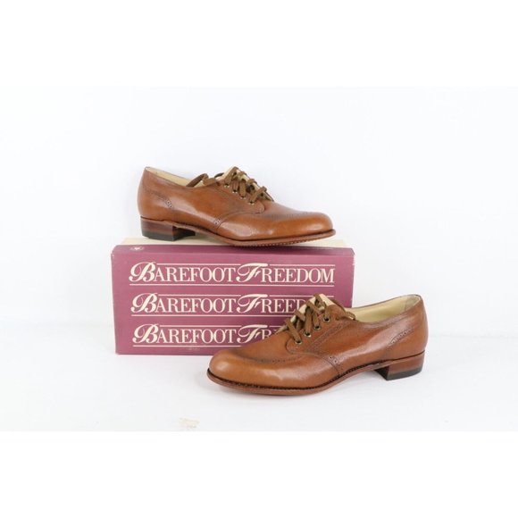 NOS Vintage 90s Womens 11 3A Chunky Heel Leather Wingtip Shoes Almond Brown USA